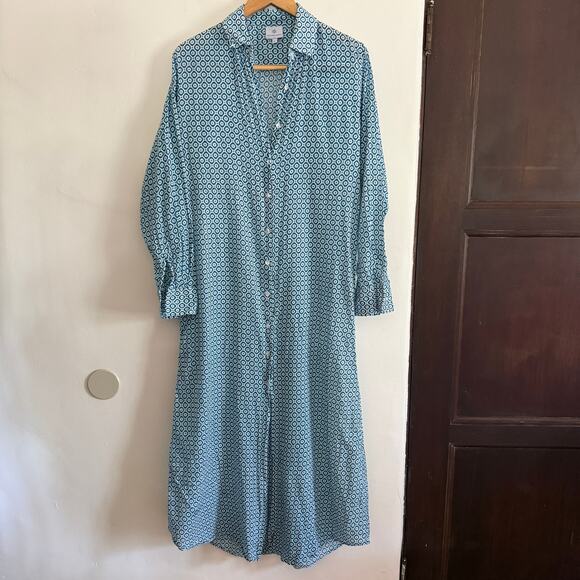 Pax Philomena Dresses & Skirts - PAX PHILOMENA | Teal Blue and White Cartouche Print Maxi Shirt Dress | Large